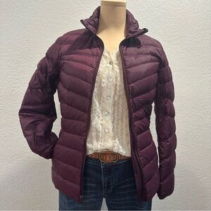 Lands' End Down Filled Packable Burgundy Puffer Jacket Travel Coat Vacation Wear